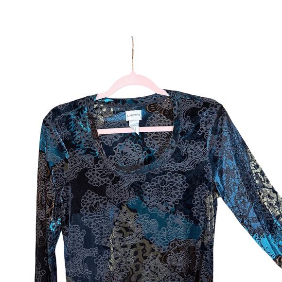 Chico’s Burnout Velvet Floral Top Size 1 M Teal Black Long Sleeve phoebe buffet - Picture 7 of 8